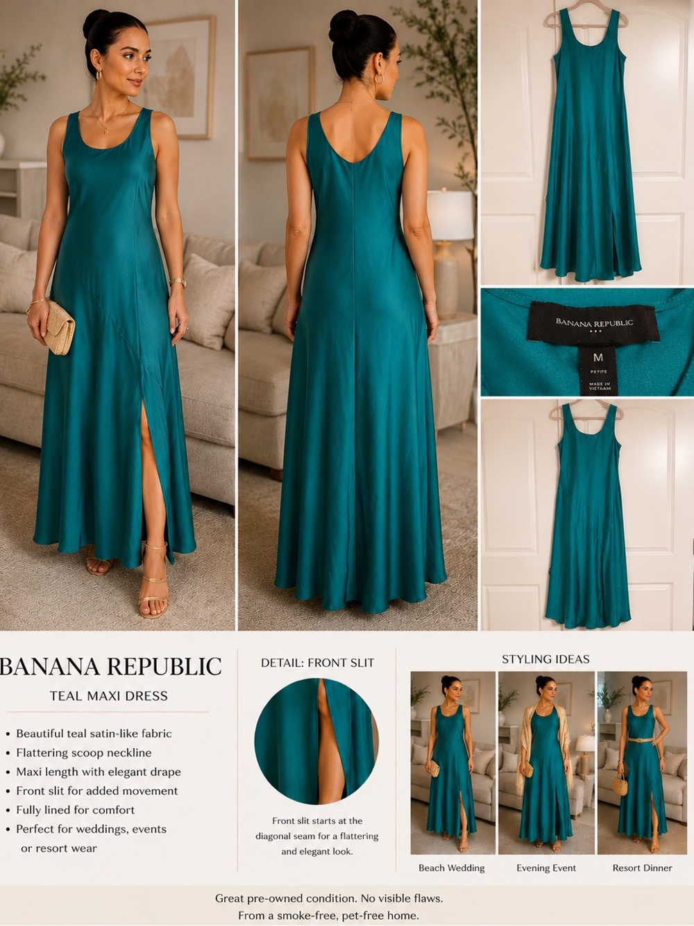 Banana Republic Teal Satin-Like Maxi Dress with Front Slit